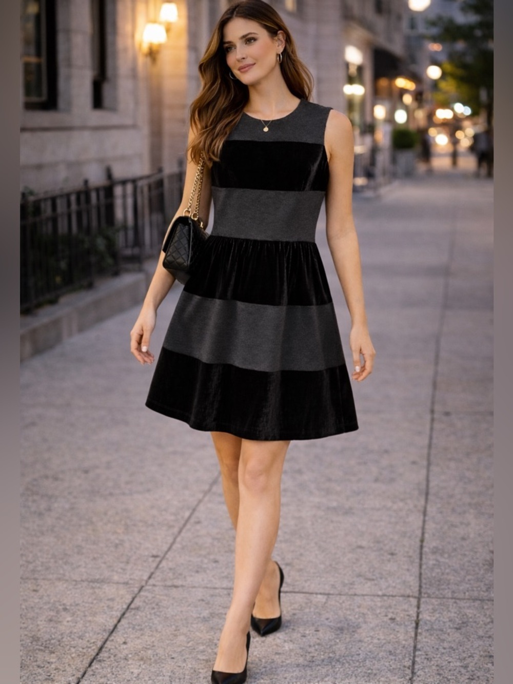 Black Grey Velvet Stripe Wool Silk Fit & Flare Cocktail Dress Size 10 M